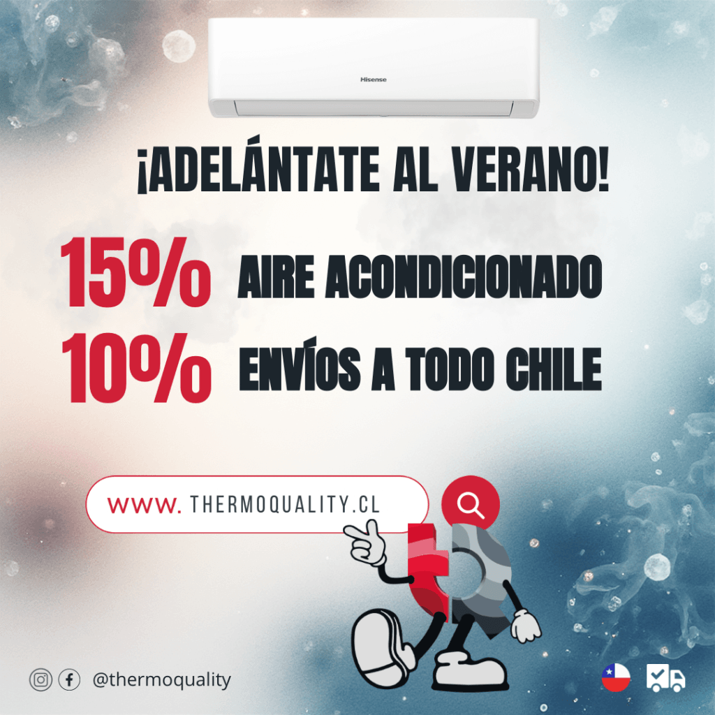 “Promoción de noviembre Thermoquality: 15% de descuento en aires acondicionados y 10% de descuento en envíos a todo Chile. Imagen de personas disfrutando de un ambiente fresco en casa con aire acondicionado encendido.”