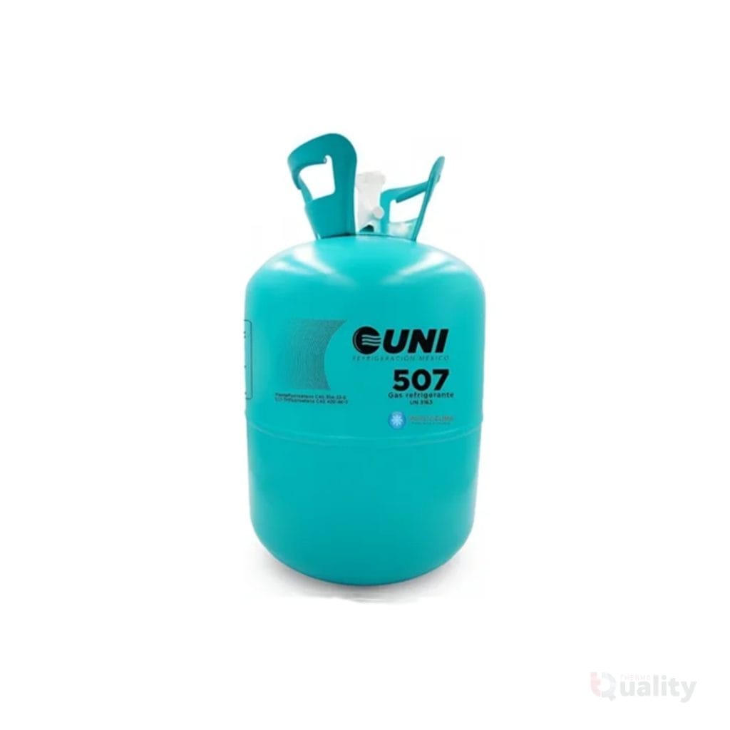 Cilindro Gas Refrigerante R-507A marca UNI 11.3kg para sistemas industriales de baja temperatura y congelados - Thermoquality Chile.